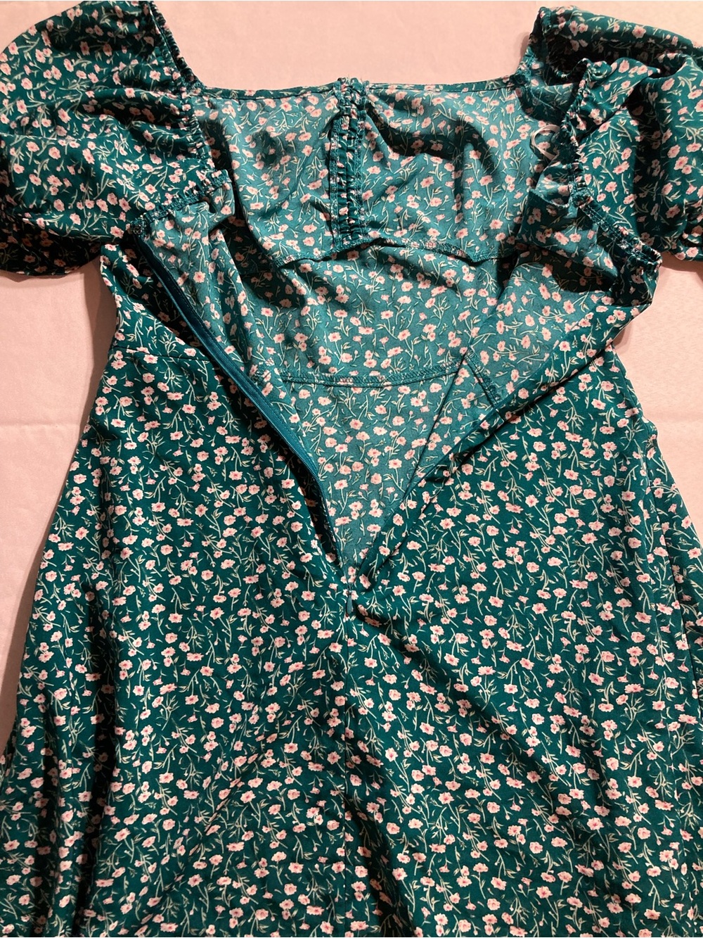SHEIN Teal Floral Puff-Sleeve Dress - Picture 4 of 6
